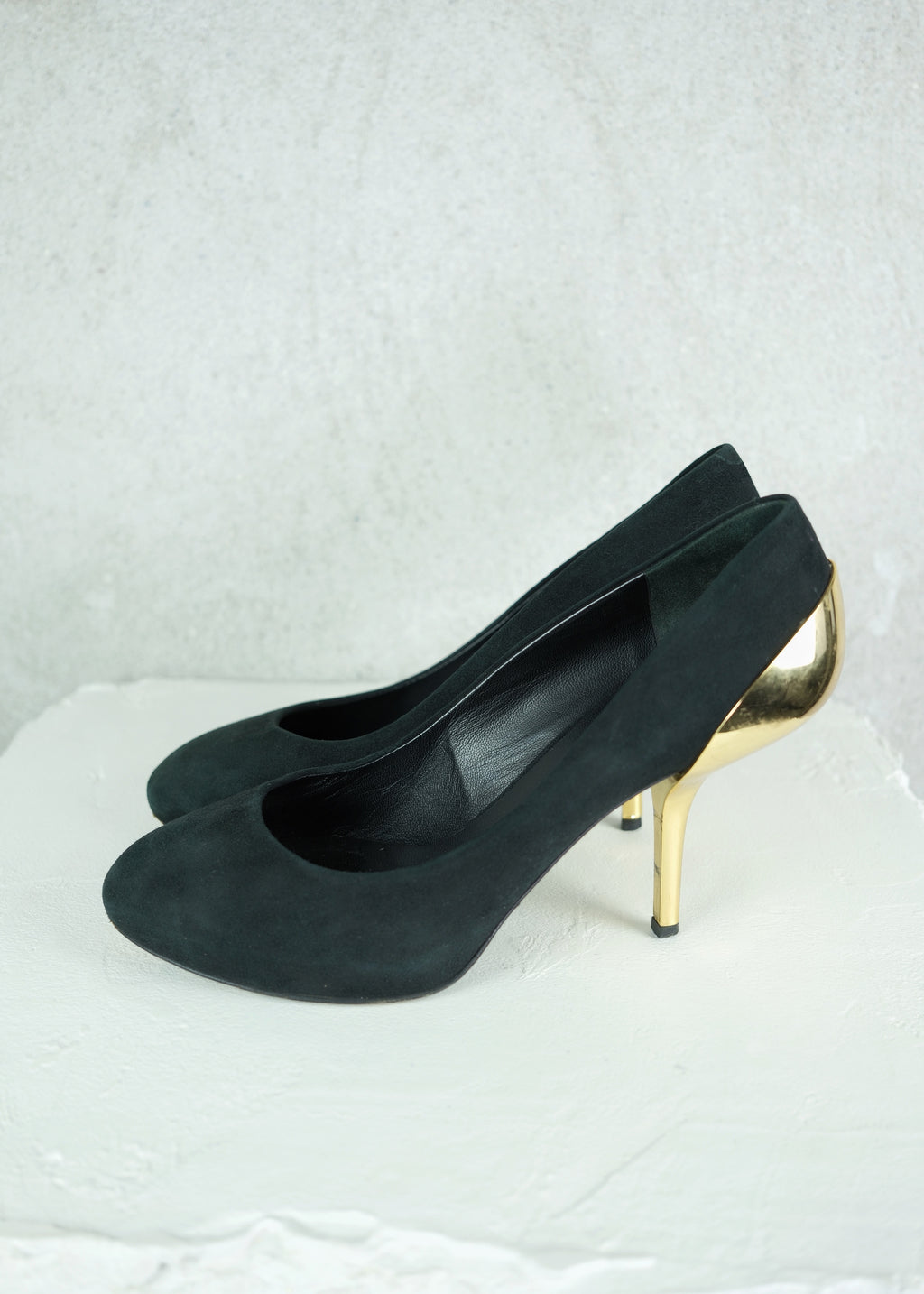 Giuseppe Zanotti Sculptural Gold Heel Suede Pumps