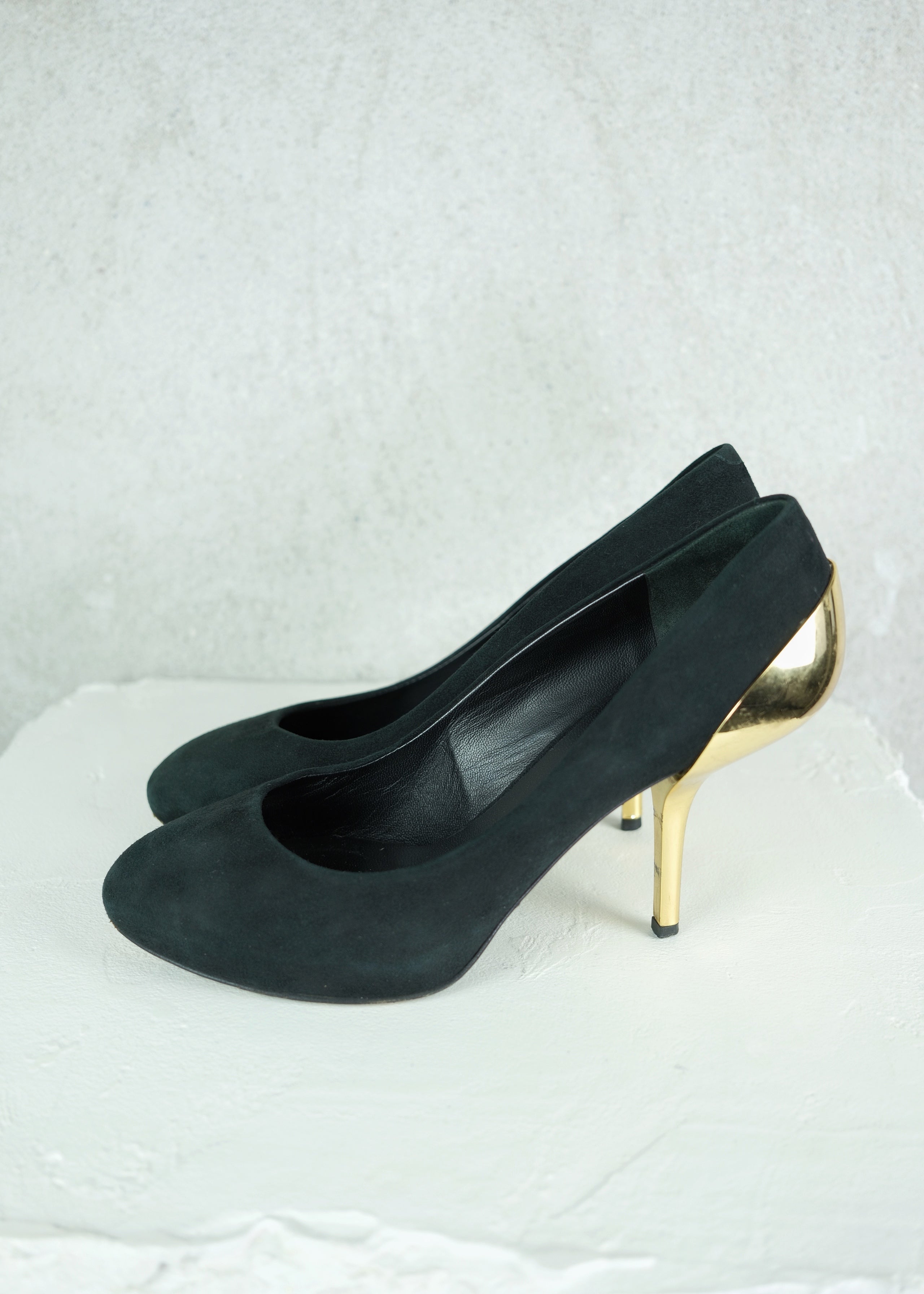 Giuseppe Zanotti Sculptural Gold Heel Suede Pumps