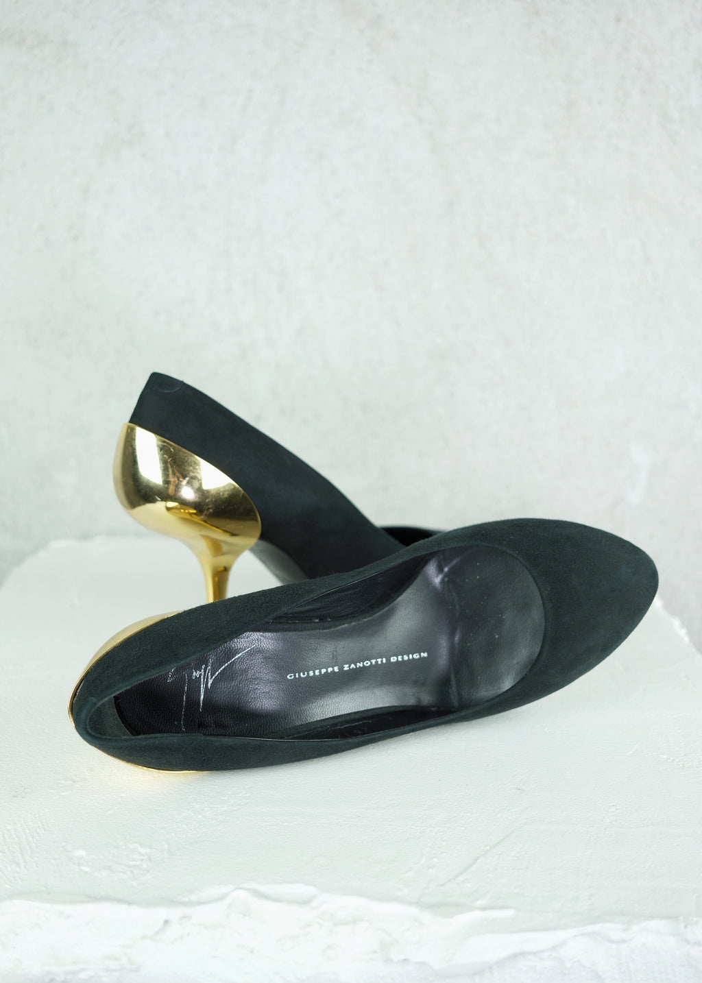 Giuseppe Zanotti Sculptural Gold Heel Suede Pumps