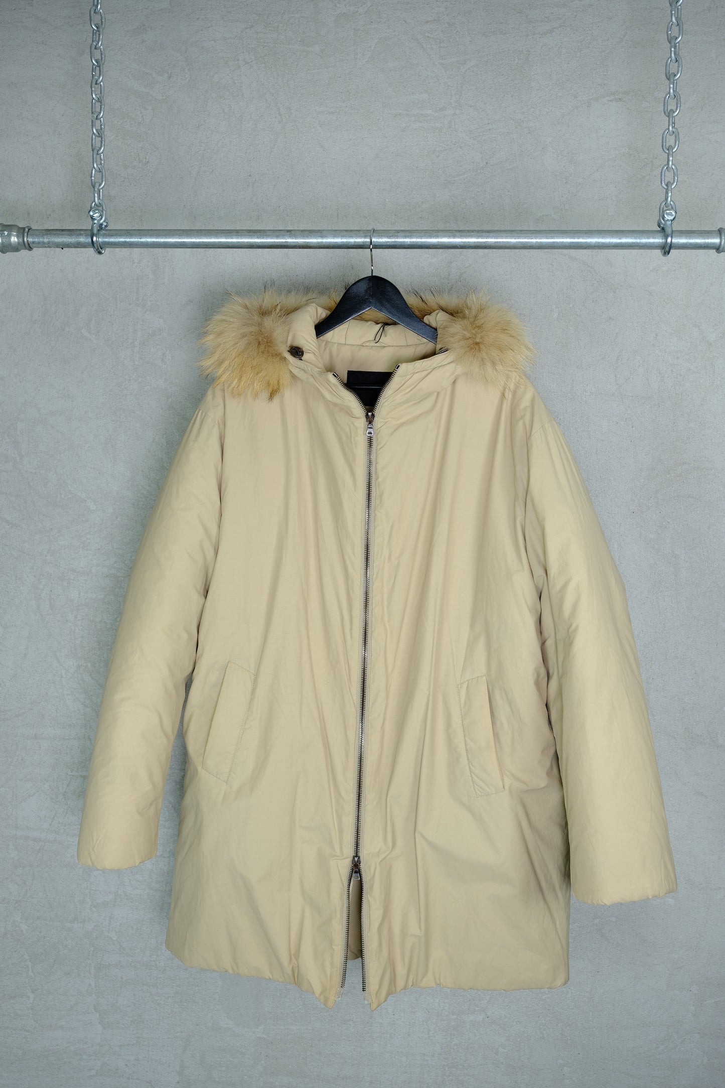 Prada 1990s Beige Down Parka with Fur-Trimmed Hood