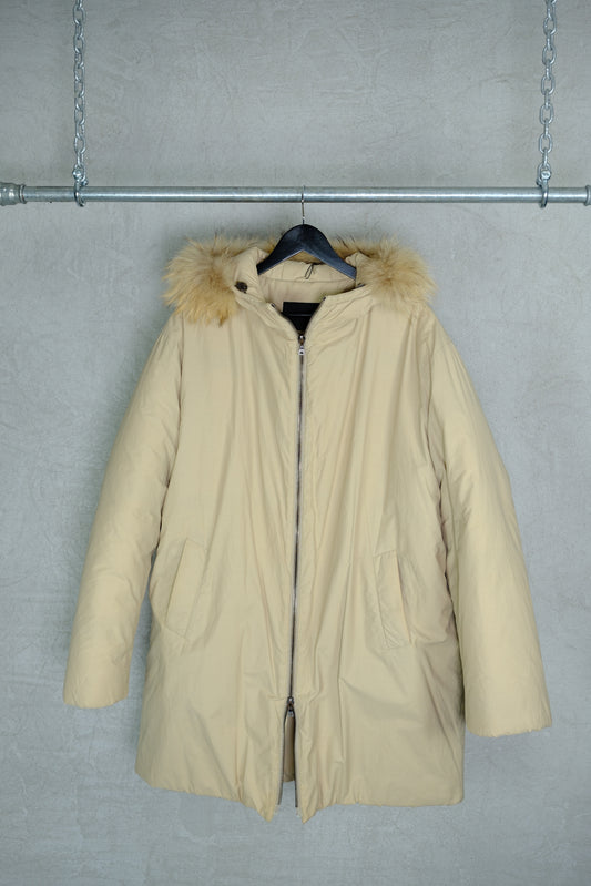 Prada 1990s Beige Down Parka with Fur-Trimmed Hood