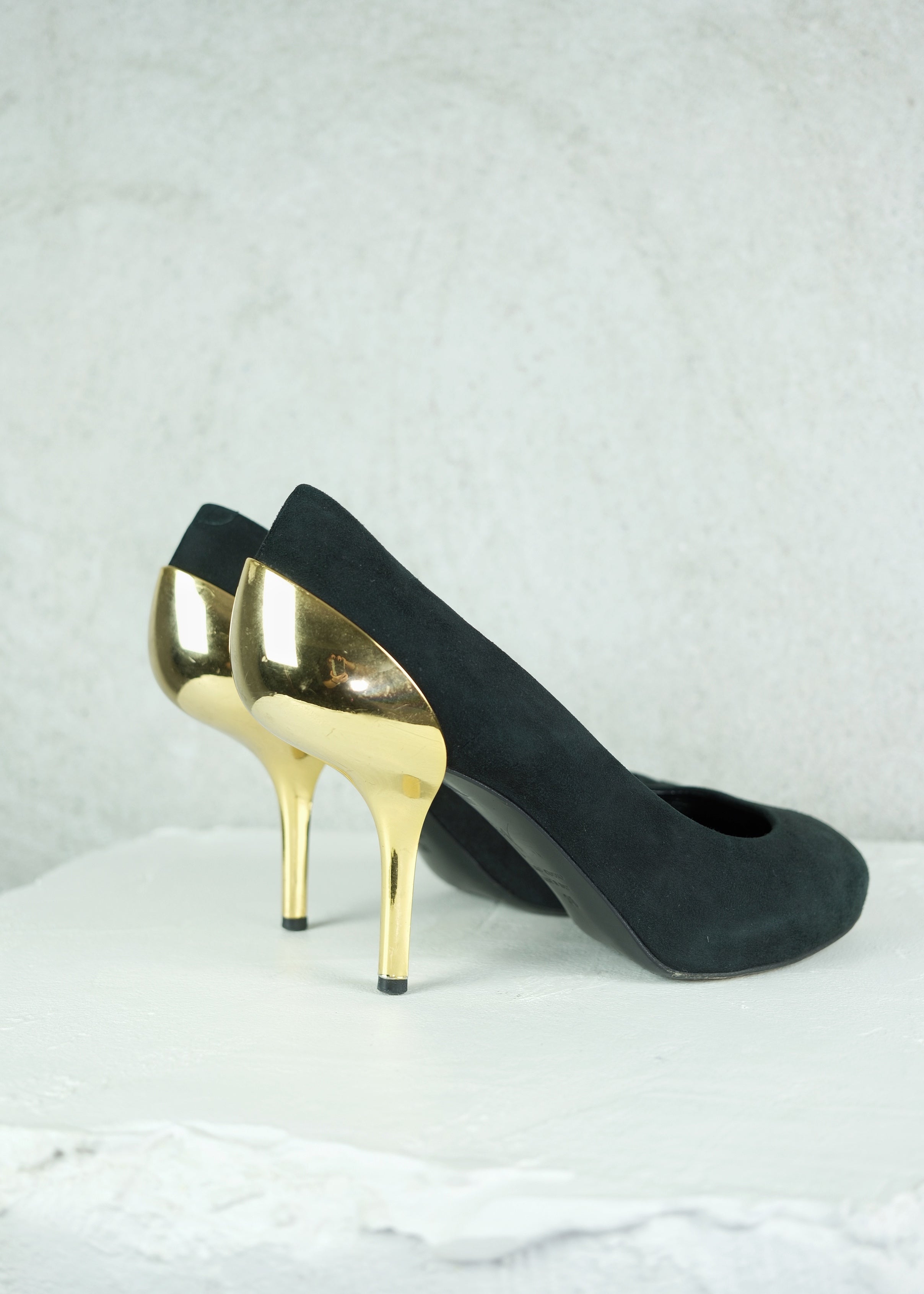 Giuseppe Zanotti Sculptural Gold Heel Suede Pumps
