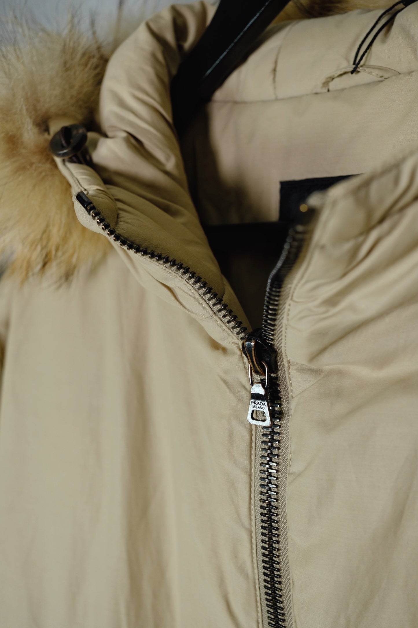 Prada 1990s Beige Down Parka with Fur-Trimmed Hood