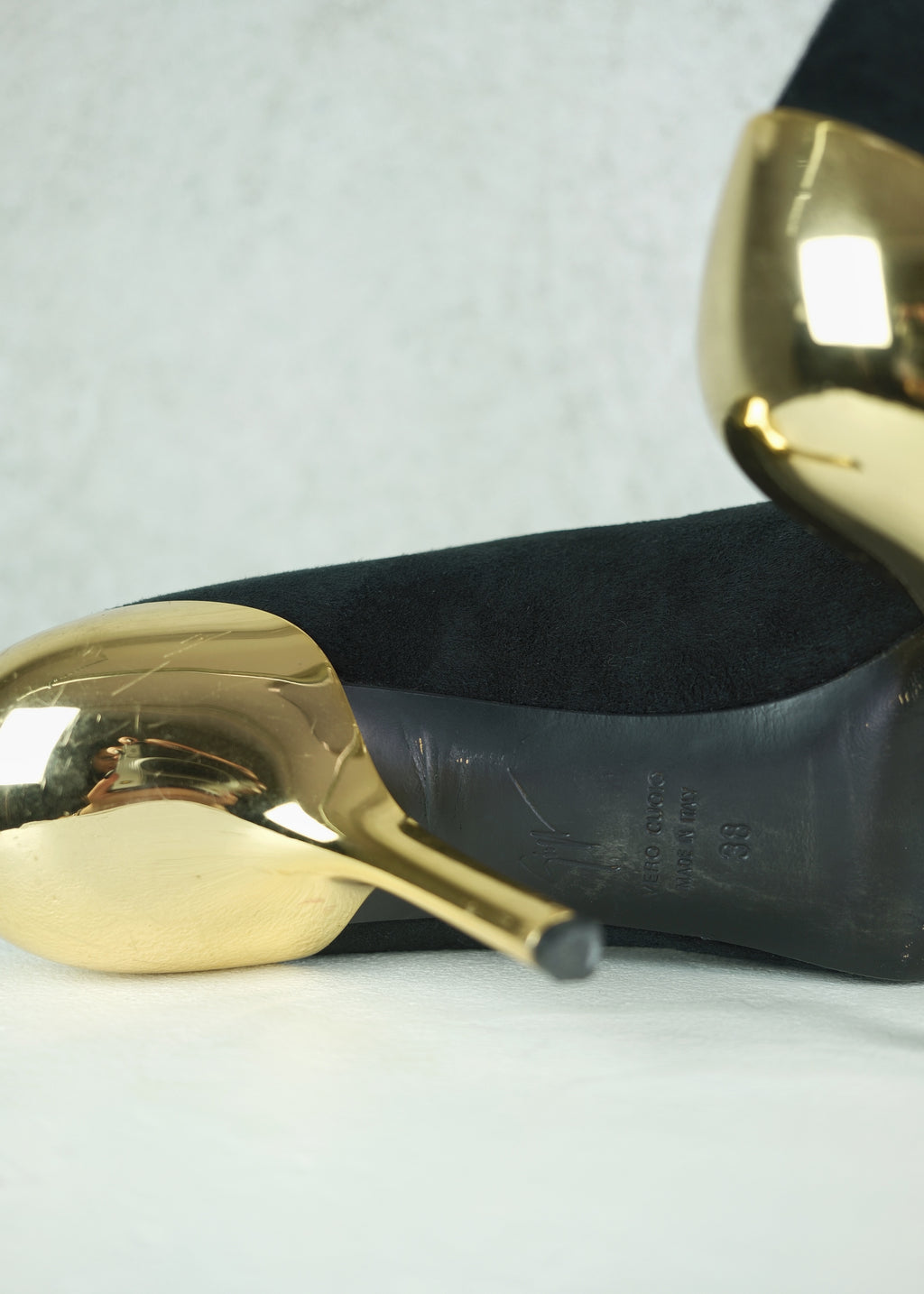 Giuseppe Zanotti Sculptural Gold Heel Suede Pumps