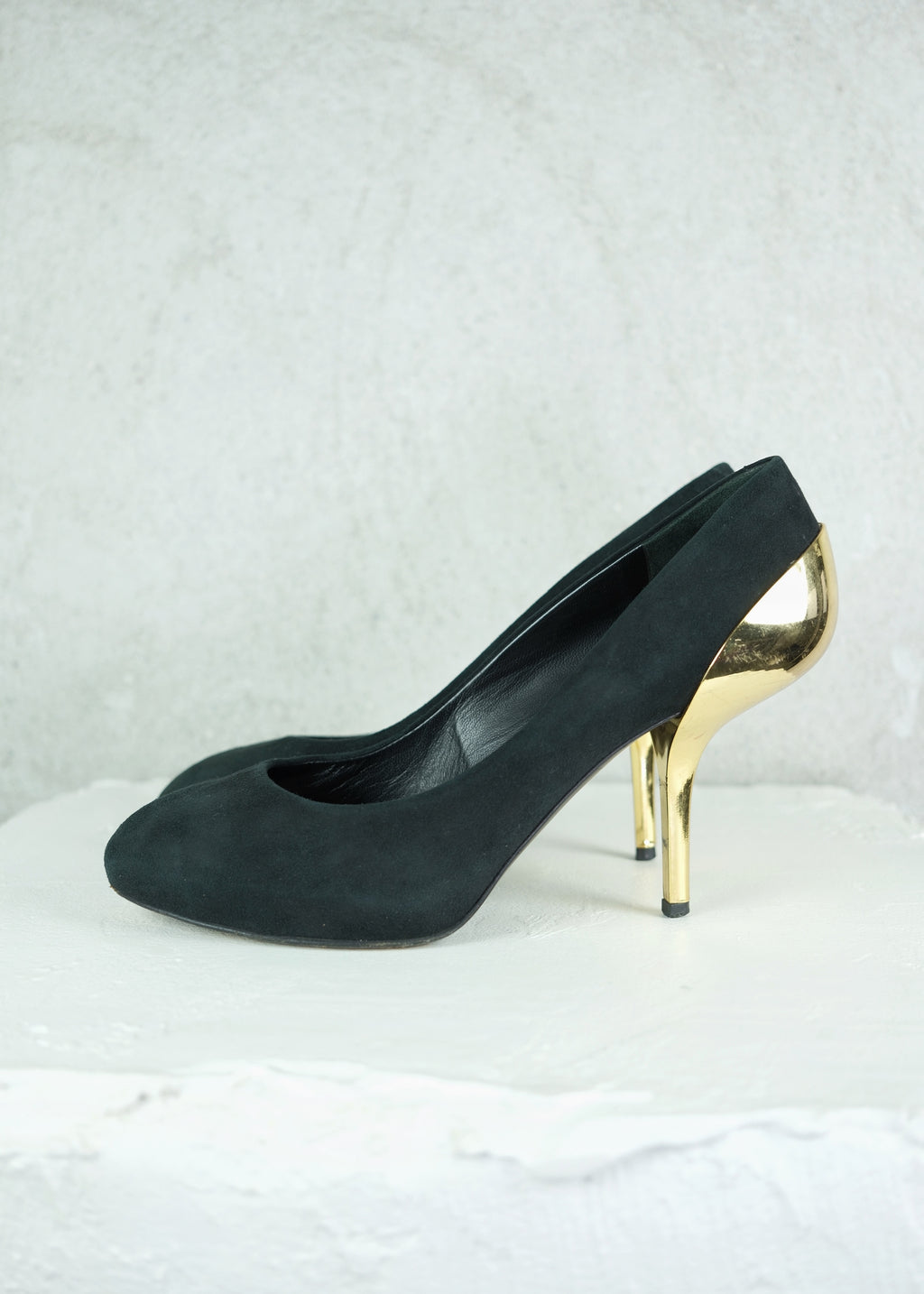 Giuseppe Zanotti Sculptural Gold Heel Suede Pumps