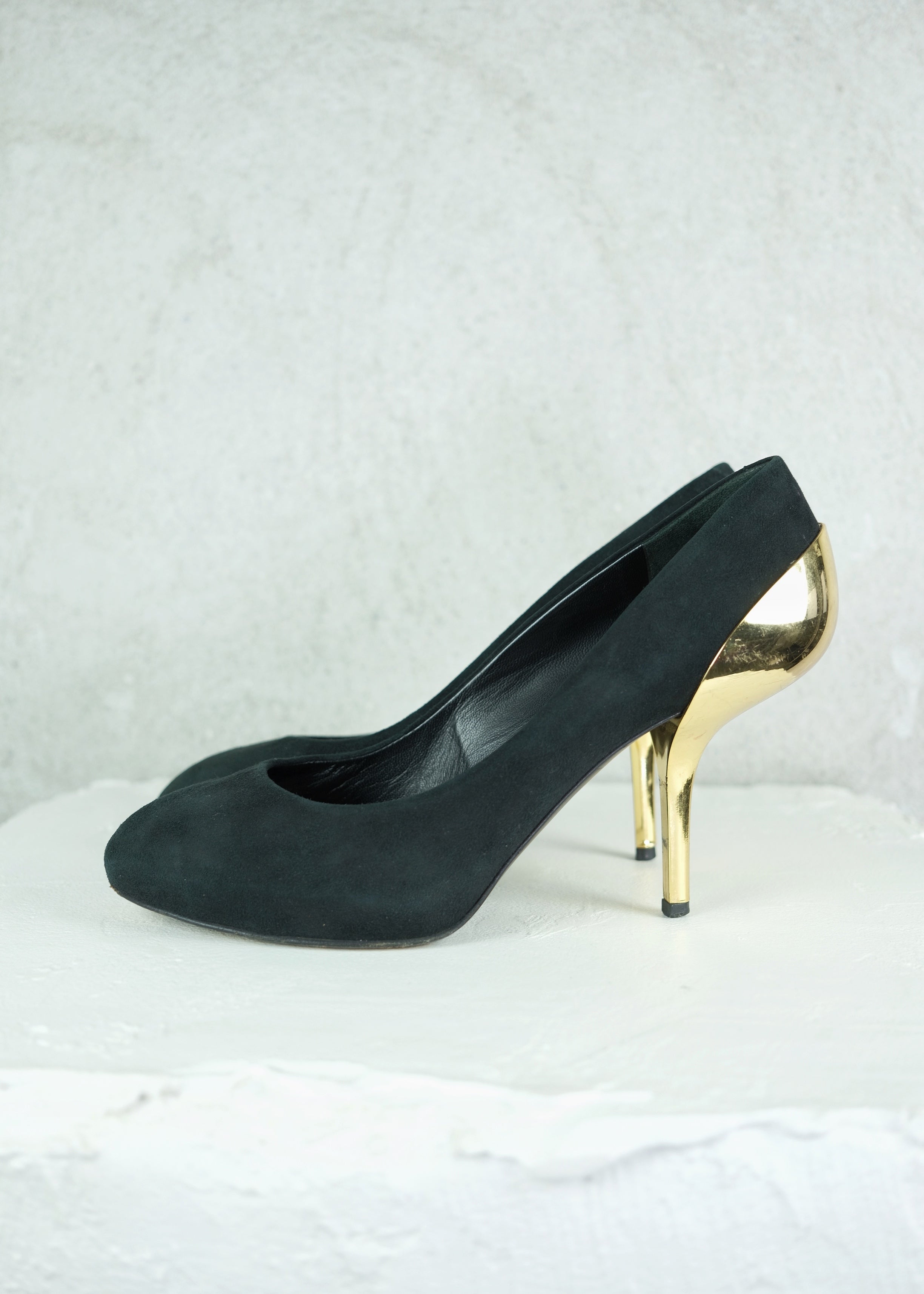 Giuseppe Zanotti Sculptural Gold Heel Suede Pumps