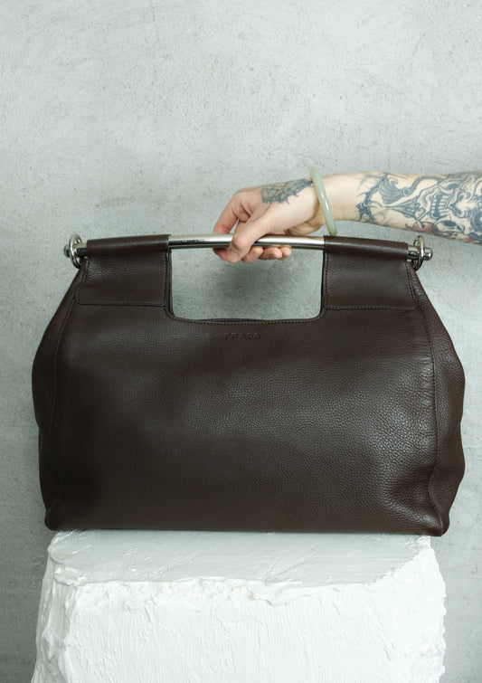 Prada Vitello Daino Metal Bar Top Handle Bag